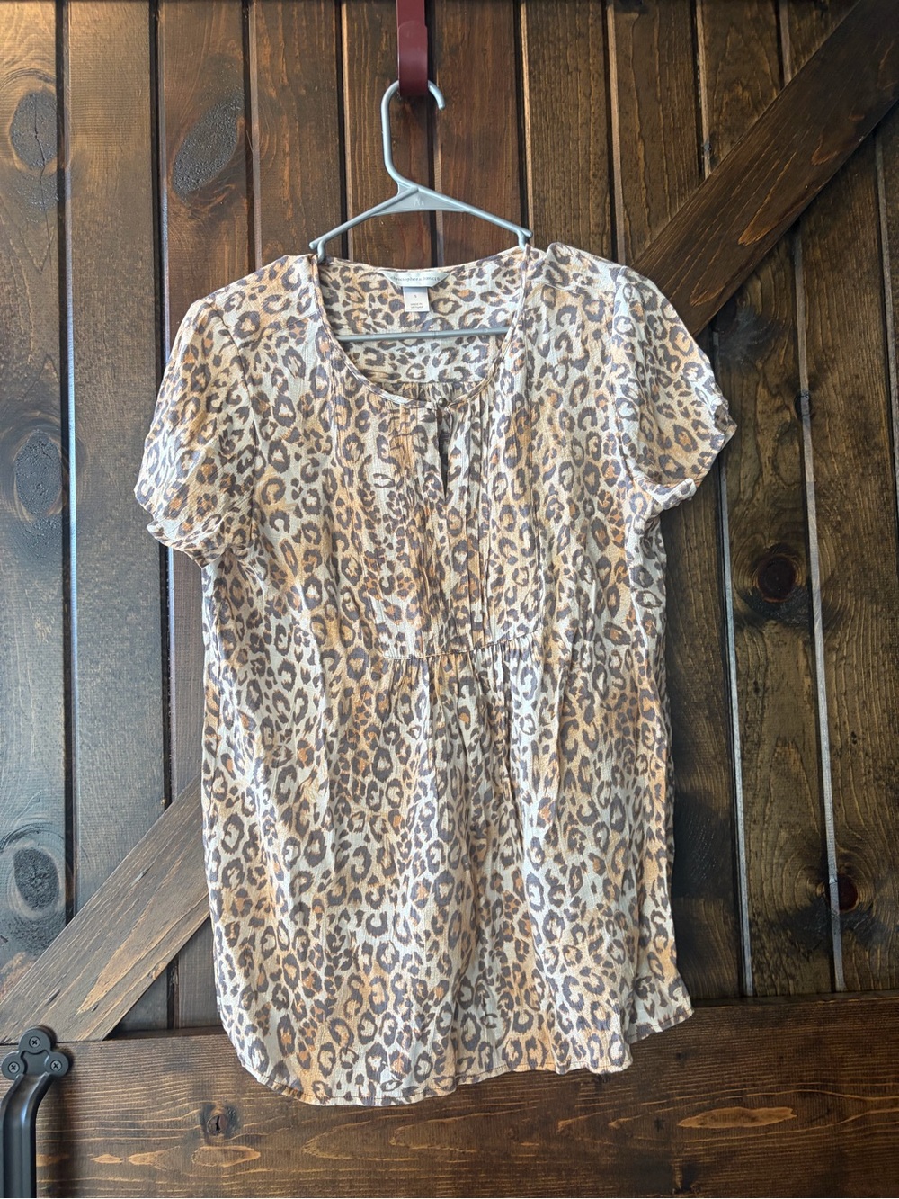 Christopher & Banks Leopard Print Short Sleeve Blouse in Brown and Cream